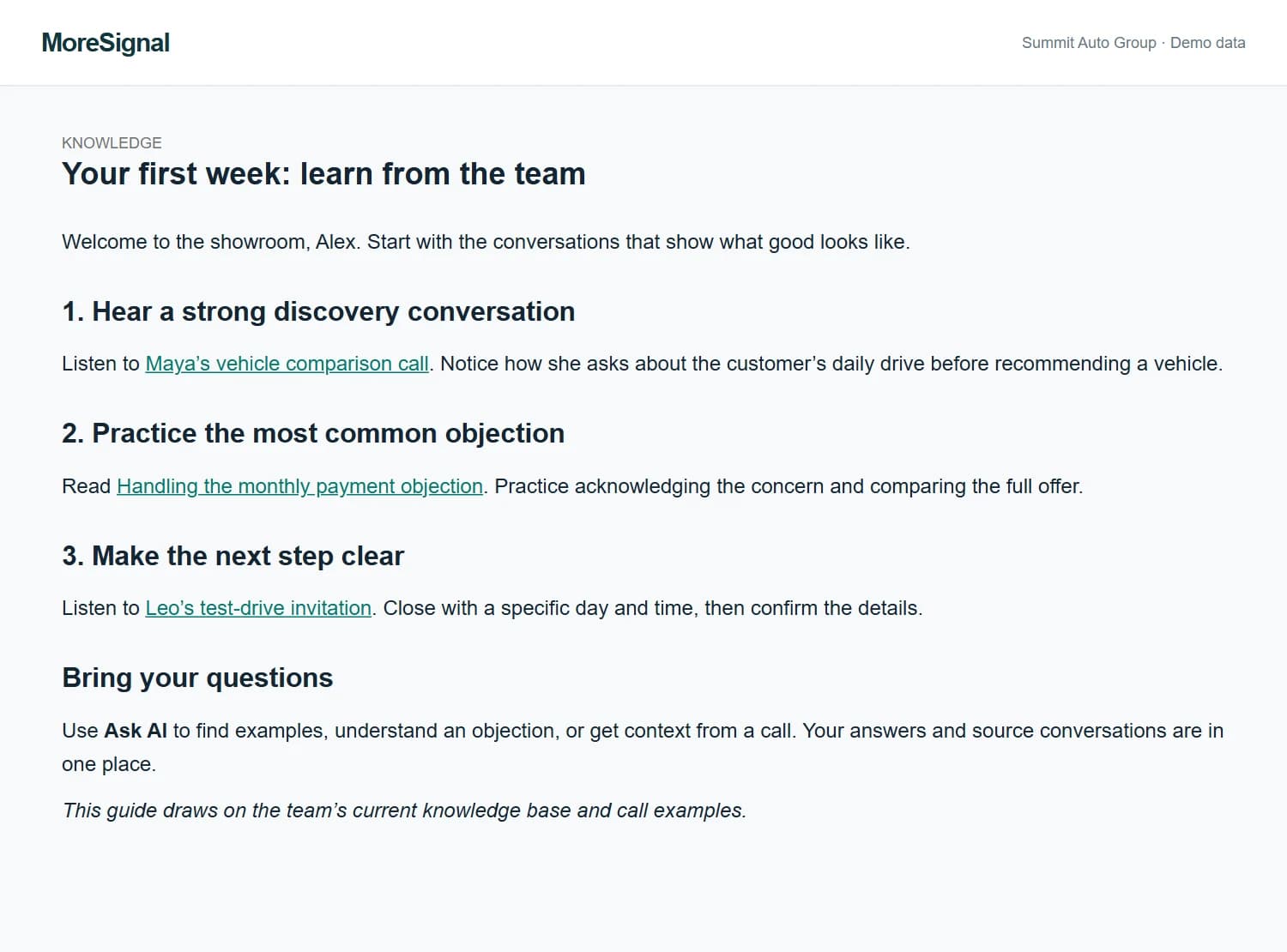 A head start for every new hire. Current answers and strong call examples to learn from. Fictional Summit Auto Group demo data.